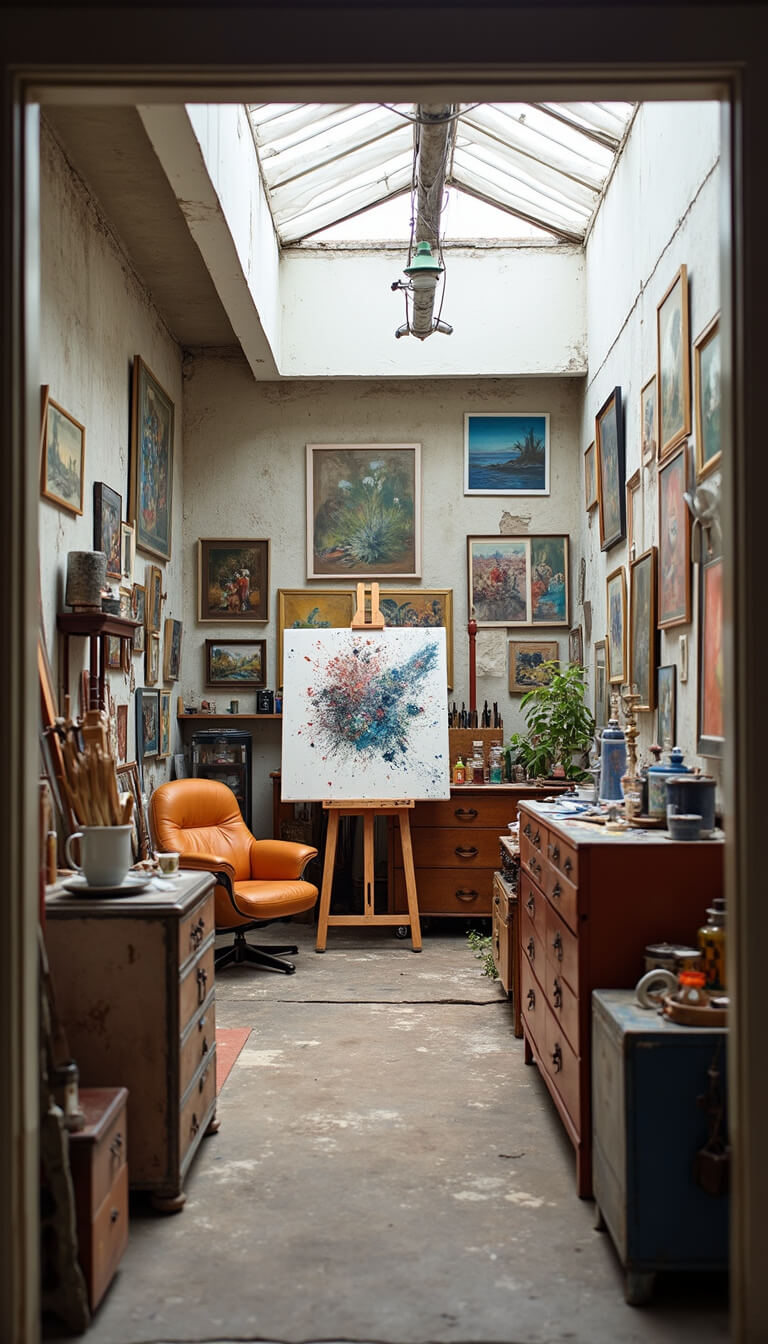 Eclectic artist's studio with skylights, vintage furniture, paint-spattered easel, and salon-style artwork wall under natural light.
