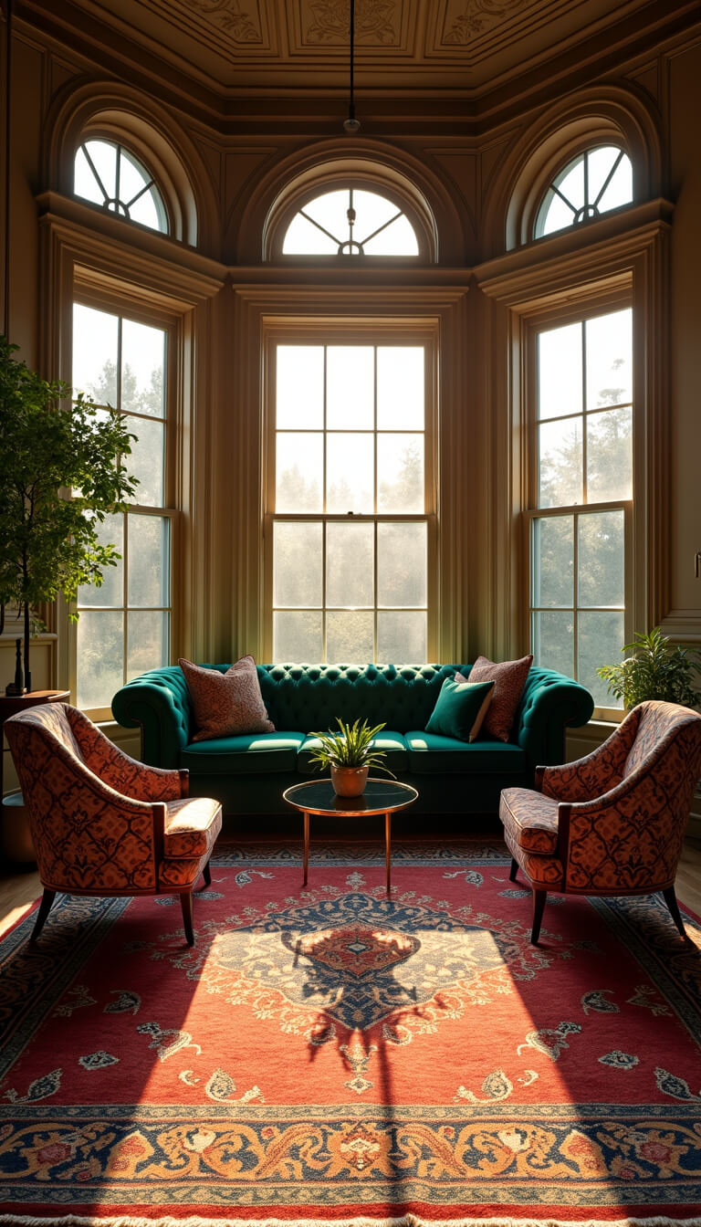 Victorian-style living room with emerald Chesterfield sofa, mid-century armchairs, oriental rugs, and golden hour light through bay windows.