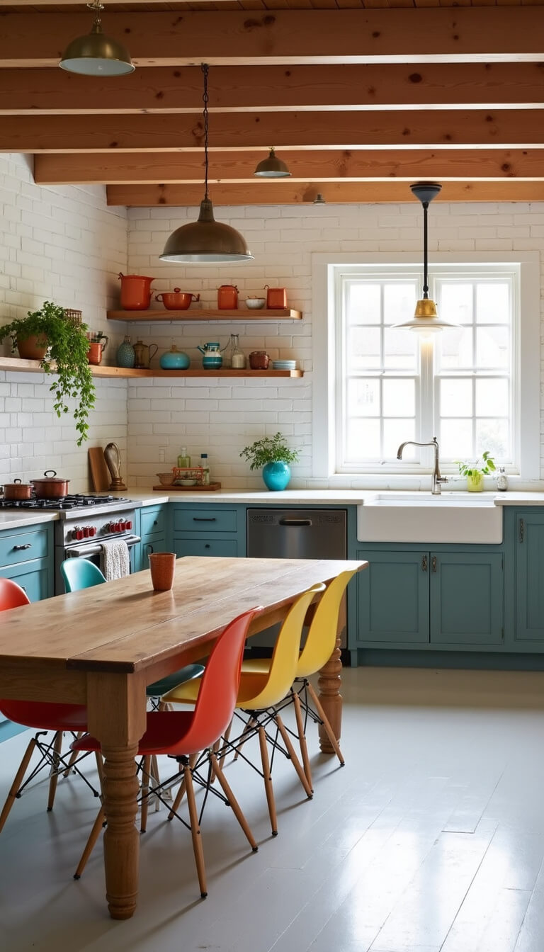 Bright kitchen-dining space with exposed beams, vintage farm table, colorful Eames chairs, Moroccan pendant lights, open shelving with ceramics and copper cookware, and white subway tiles reflecting morning light.