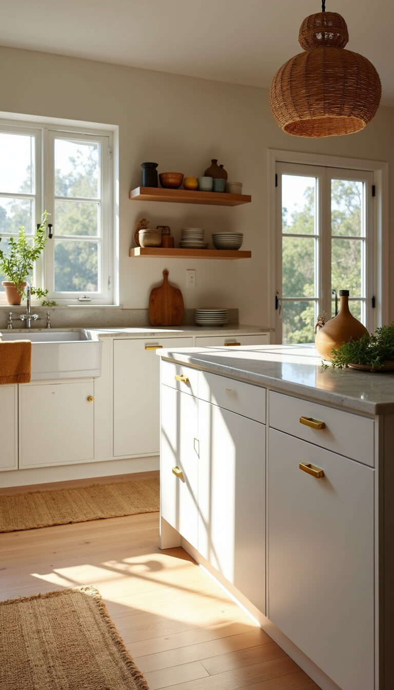 Scandi Boho kitchen with white cabinets, brass accents, rattan lights, and sunlit marble island during golden hour.