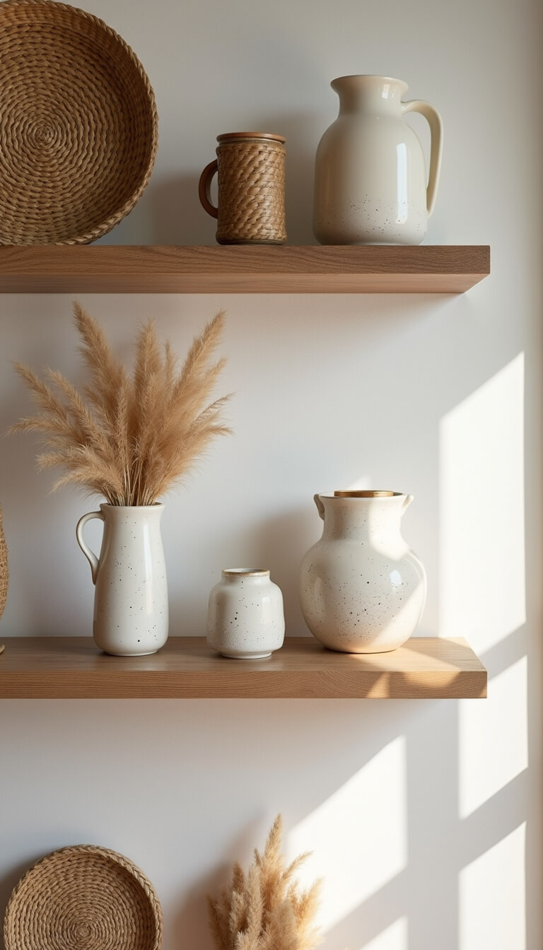 Close-up of styled floating oak kitchen shelves with ceramic vessels, woven baskets, and pampas grass in soft morning light.