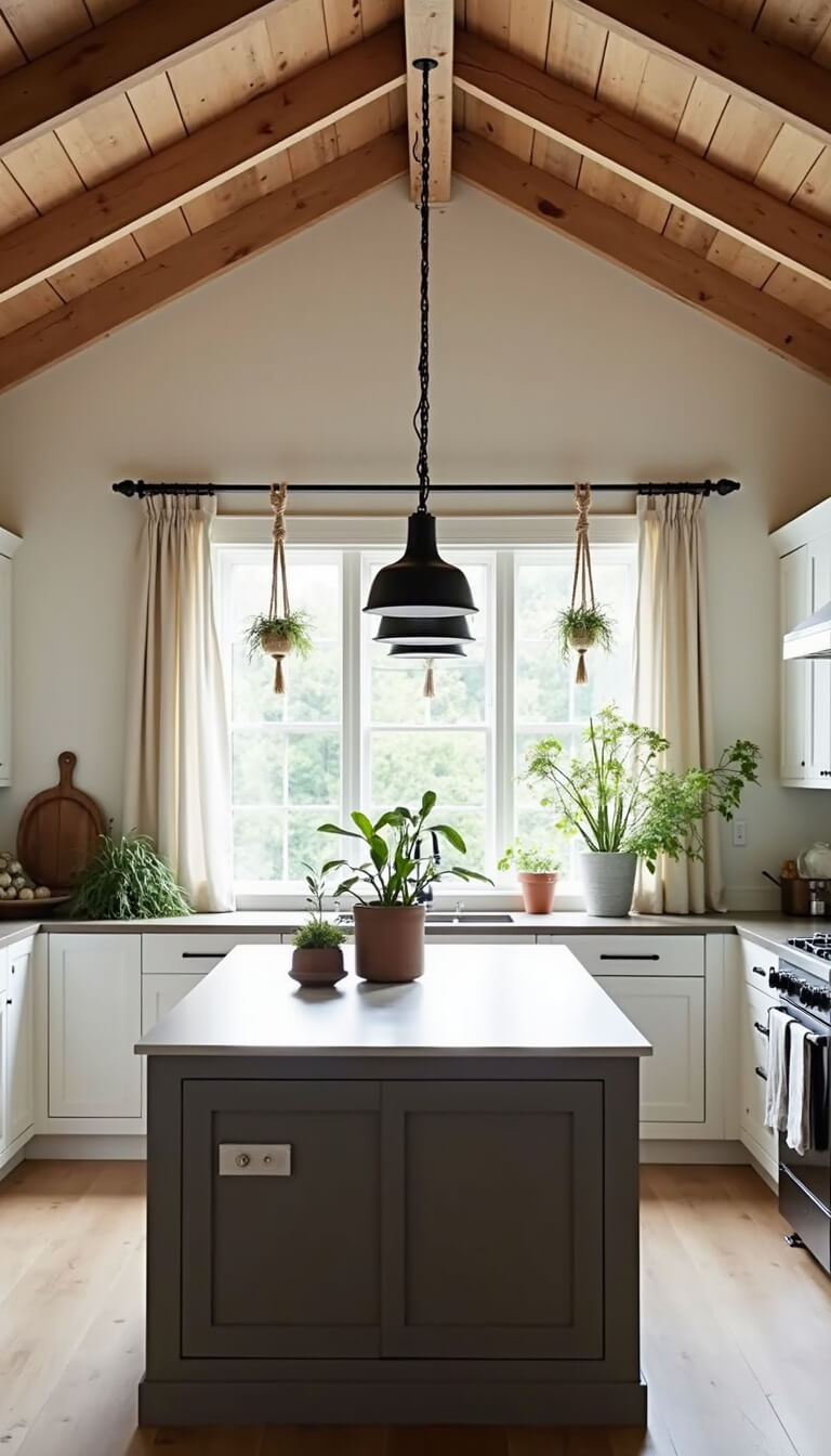 Kitchen with vaulted ceiling, white cabinets, matte black fixtures, large island under woven pendant lights, and macramé plant hangers by sunlit window.
