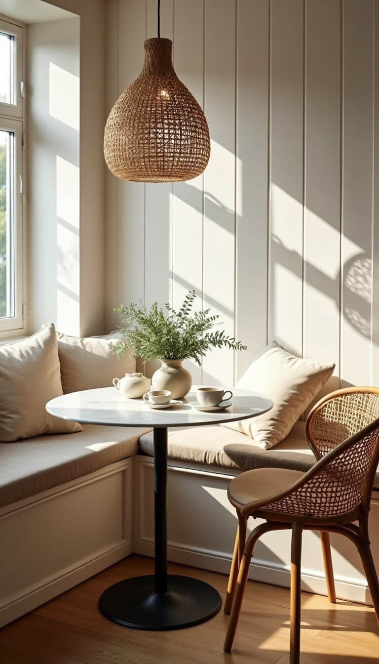 Scandi Boho breakfast nook with rattan chairs, marble table, and built-in bench under woven pendant light, styled with coffee cups and eucalyptus in warm afternoon glow.