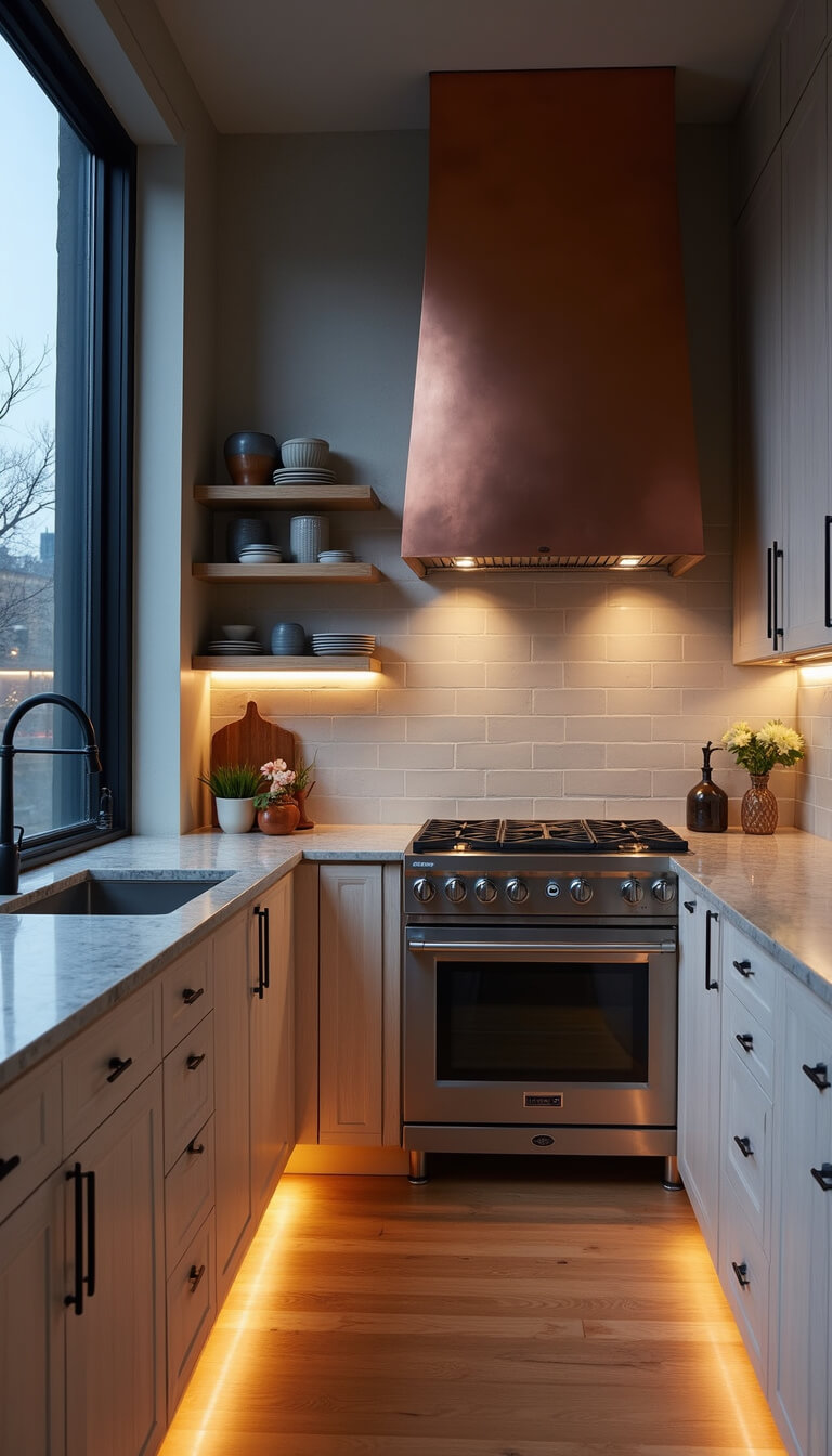 Twilight kitchen with white oak cabinets, copper hood, city views through tall windows, and warm under-cabinet lighting.