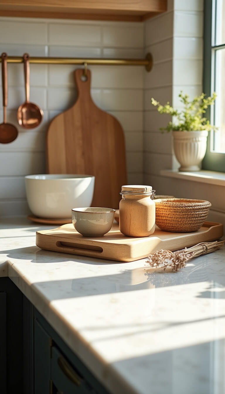 Marble kitchen countertop with wooden boards, ceramic spice jars, and woven baskets under soft morning light, copper tools hanging from brass rail, blurred background.