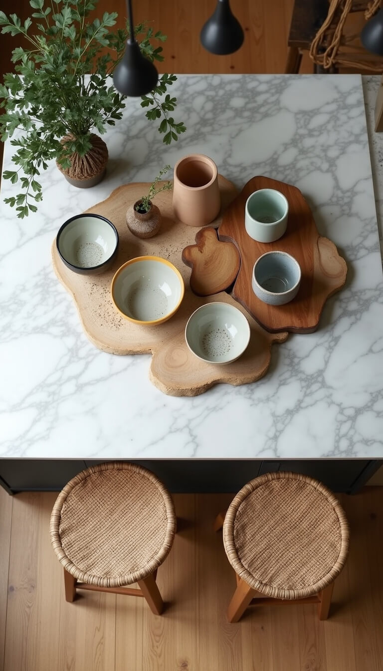 Overhead view of marble kitchen island with arranged ceramics, wooden boards, botanicals, and rattan bar stools, lit by pendant lights in natural daylight.