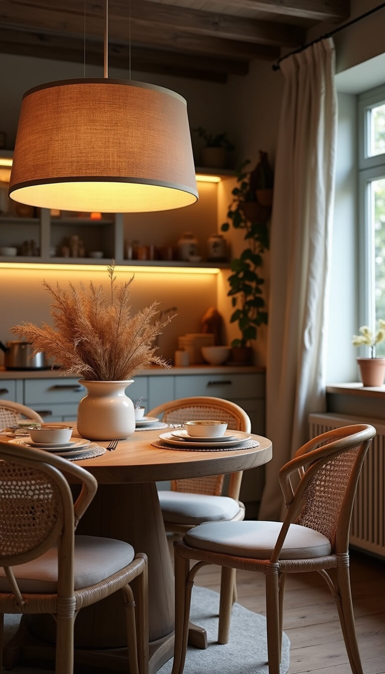 Cozy evening kitchen with warm lighting, round oak table, rattan and upholstered chairs, ceramic tableware, and dried floral centerpiece.