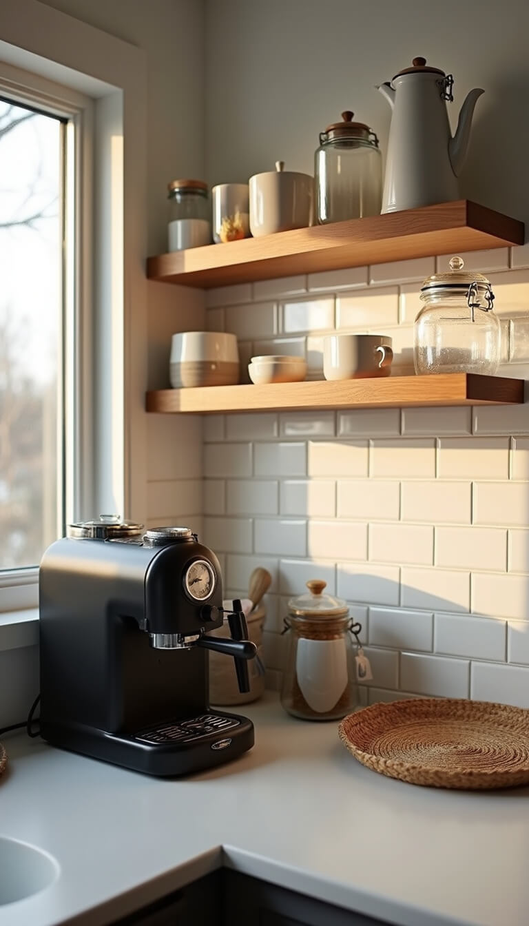 Close-up of cozy Scandi Boho coffee station with matte black espresso machine, handmade mugs on wooden shelf, and warm golden hour lighting.