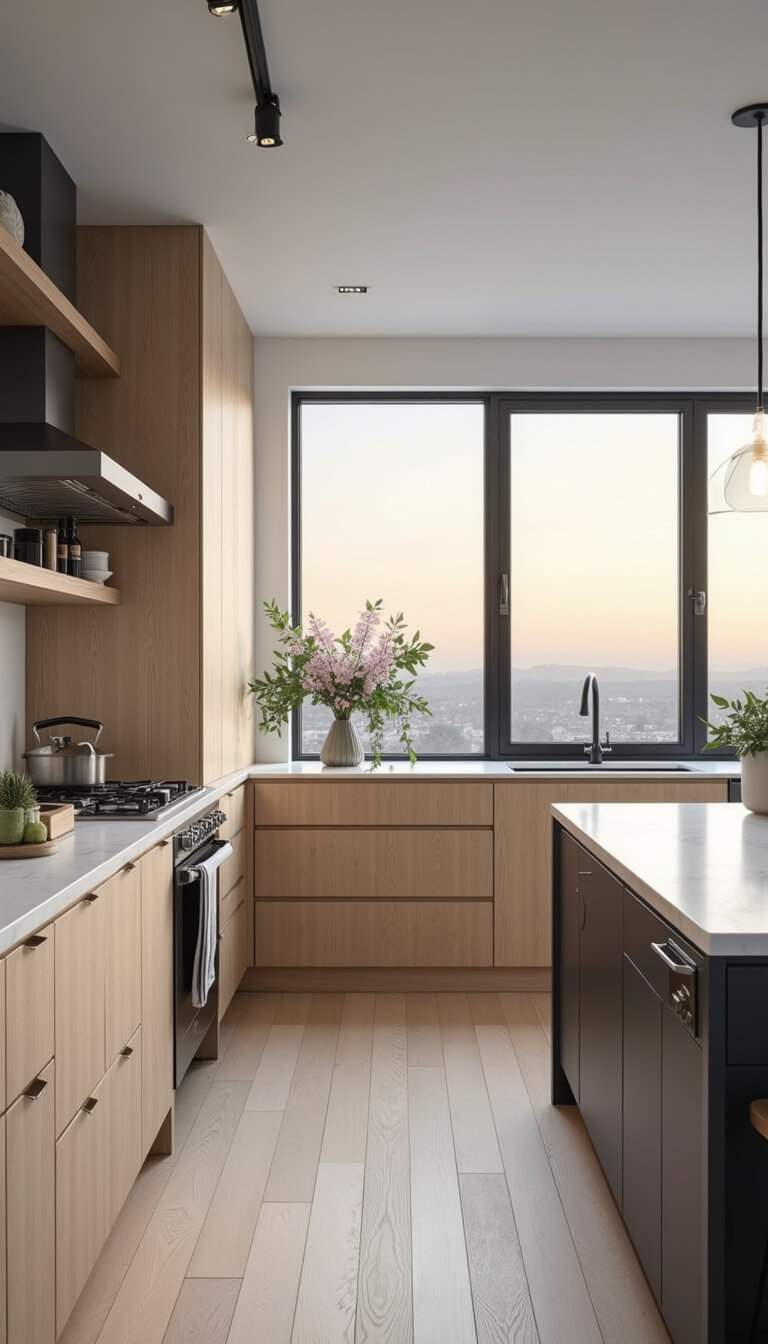 Full kitchen view at dusk showcasing whitewashed oak storage, marble waterfall island, and black-framed windows in a 20x15ft space with 10ft ceilings.