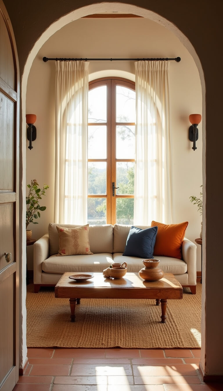 Sunlit Mediterranean living room with arched windows, beige linen sofa, terracotta tiles, and warm golden light filtering through sheer curtains.