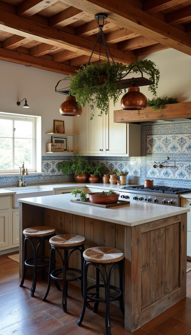 Rustic Mediterranean kitchen with exposed wooden beams, farmhouse sink under small window, blue and white tile backsplash, distressed wood island with marble top, copper pots hanging, and wrought iron barstools.