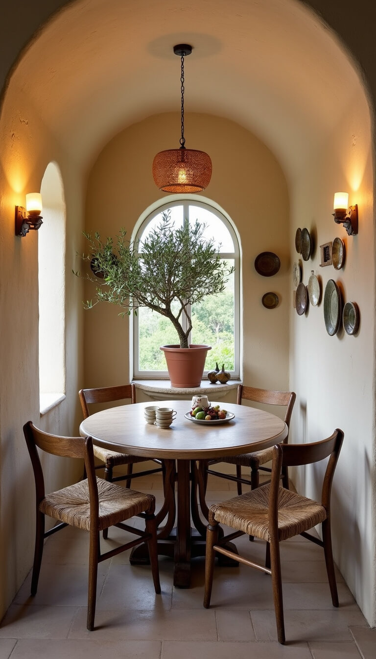 Cozy Mediterranean dining nook with round oak table, rush-seated chairs, cream plaster walls with decorative plates, olive tree by arched window, and warm dusk lighting from brass sconces and woven pendant light under a barrel-vaulted ceiling.