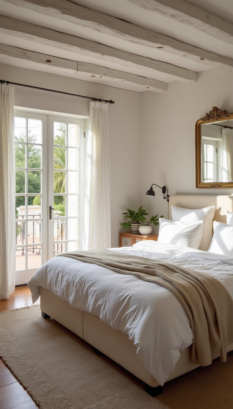 Mediterranean bedroom with white linen bed, soft morning light, French doors to Juliet balcony, vintage mirror, handwoven rugs, and whitewashed ceiling beams.