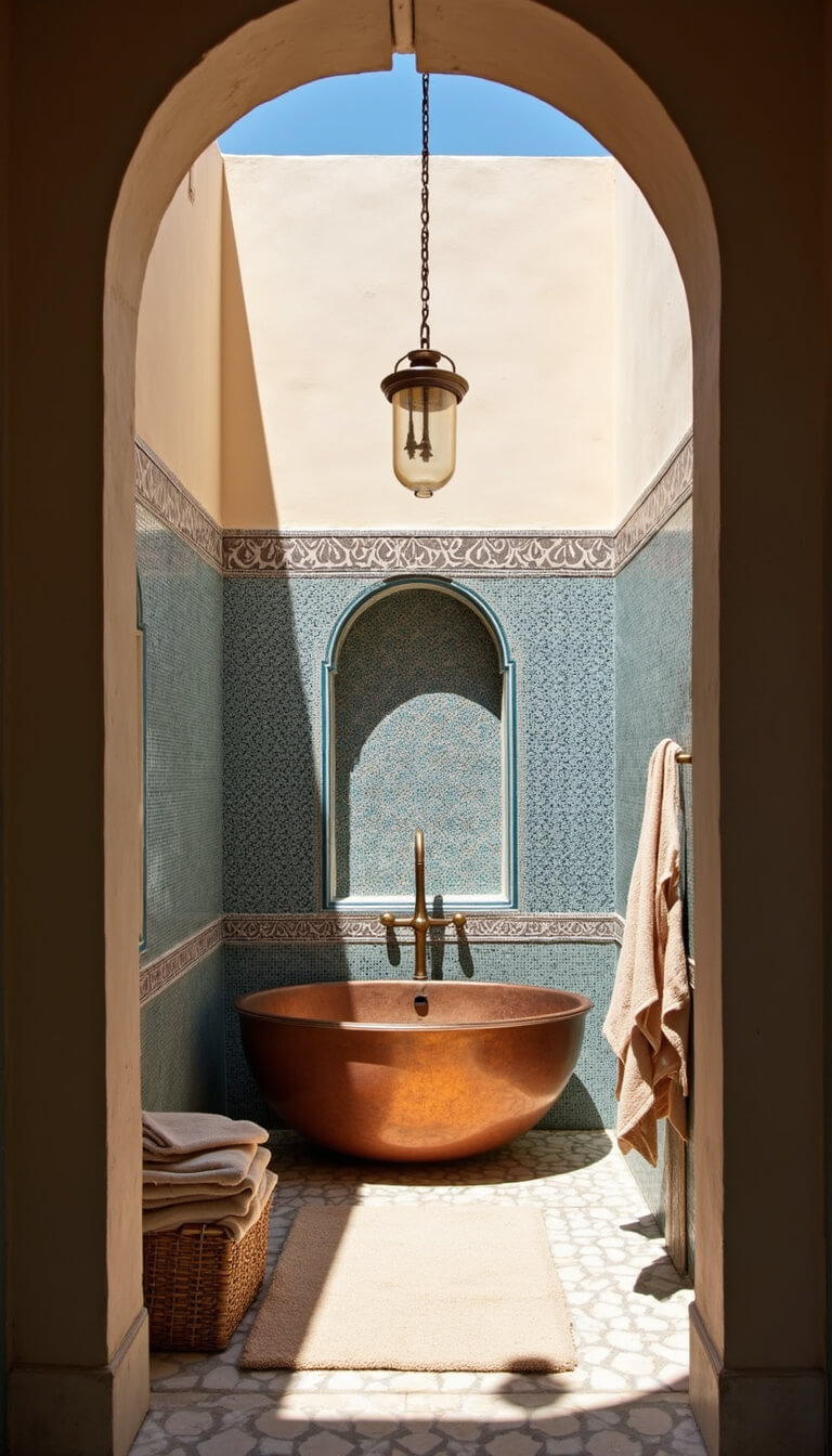 Mediterranean-style bathroom with blue zellige tile walls, copper soaking tub under skylight, brass fixtures, and Turkish towels in natural light.