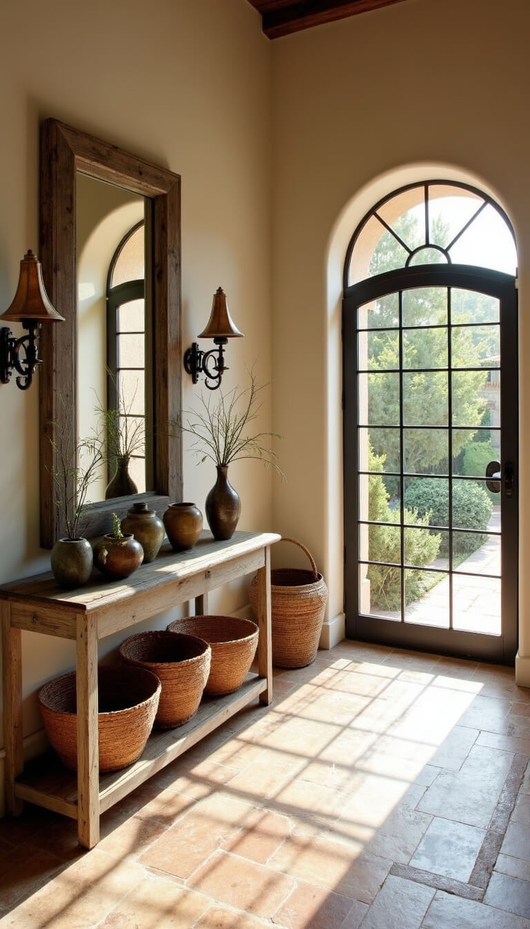 Mediterranean entryway with arched iron-framed glass door, limestone and terracotta flooring, vintage console table, woven baskets, mirror, and wrought iron sconces in late morning light.