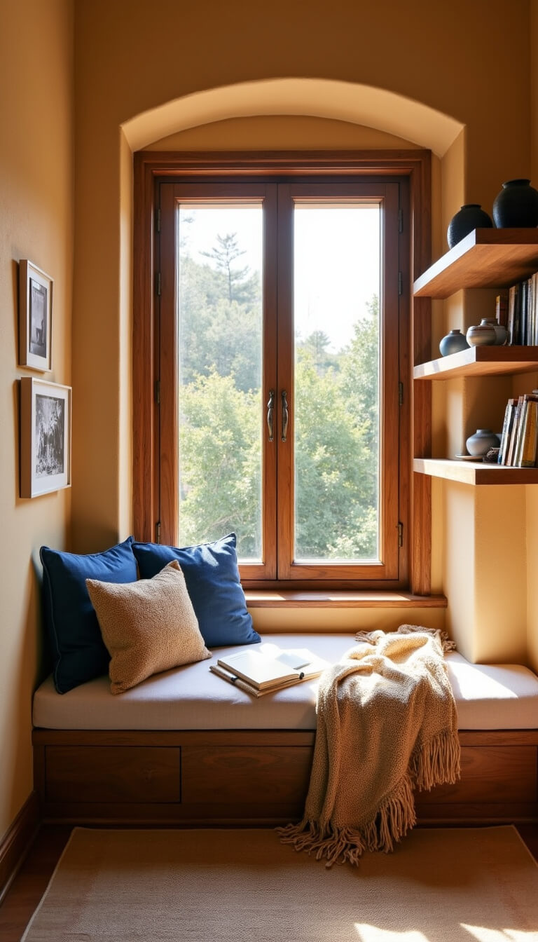 Cozy Mediterranean reading nook with indigo-cushioned window seat, warm golden hour light, ceramic-filled wooden shelves, and handwoven throw.