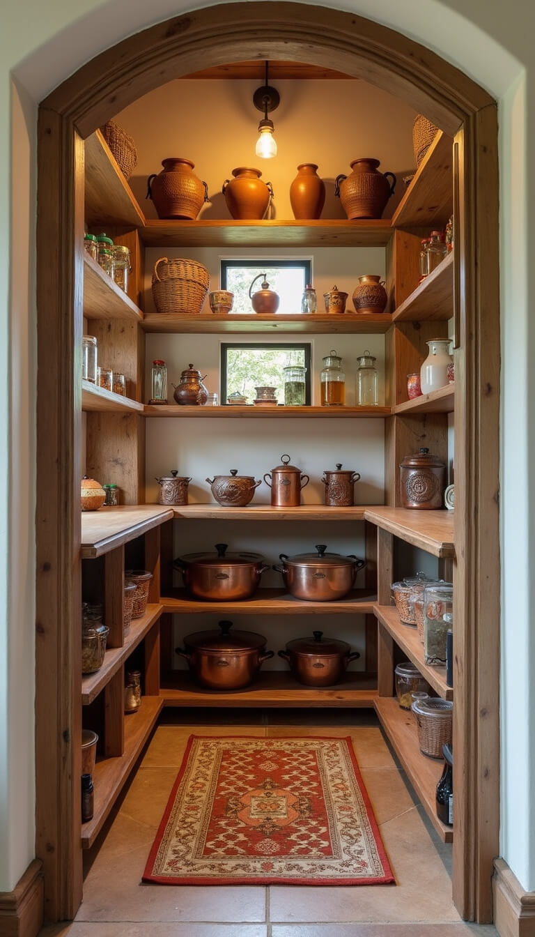 Mediterranean-style pantry with raw wood shelves holding terracotta pots, baskets, and glass jars; copper cookware on display; limestone floor with vintage runner; lit by window and wall sconce.