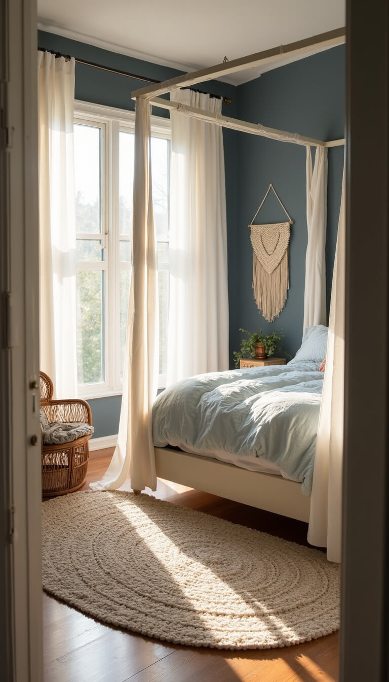 Sunlit girl's bedroom with white canopy bed, powder blue and ivory linens, rattan chair, macramé wall hanging, and moody navy accent wall.