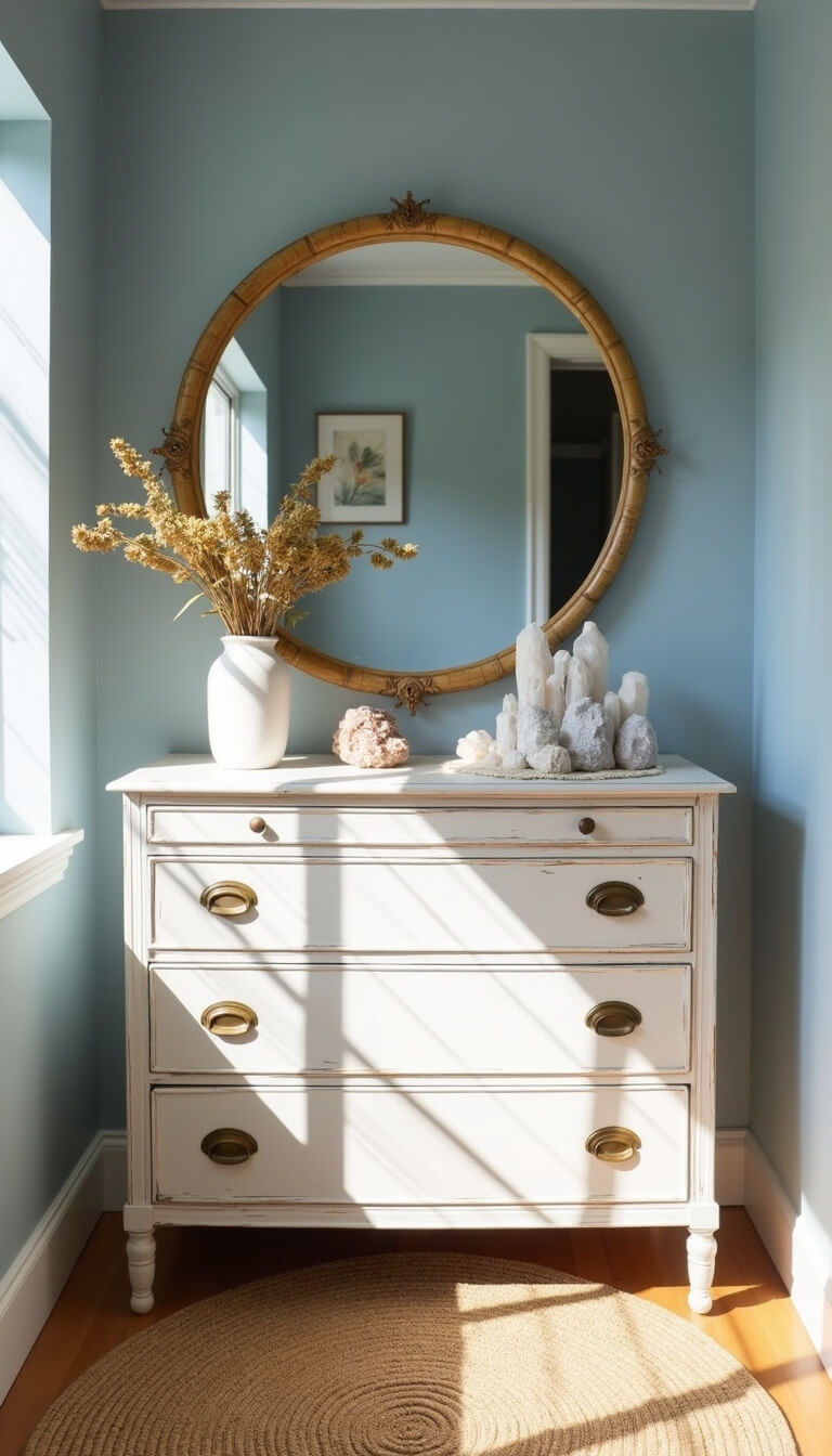 High-angle view of sunlit corner with white vintage dresser, brass hardware, bamboo-framed round mirror, crystals and dried flowers on lace doily, on jute rug over blue walls.