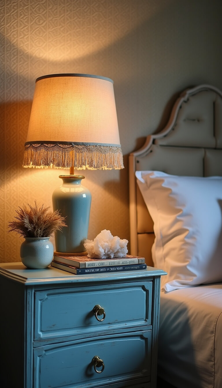 Vintage blue nightstand with bohemian lamp, art books, crystals, and pampas grass styled against geometric wallpaper in warm evening light.