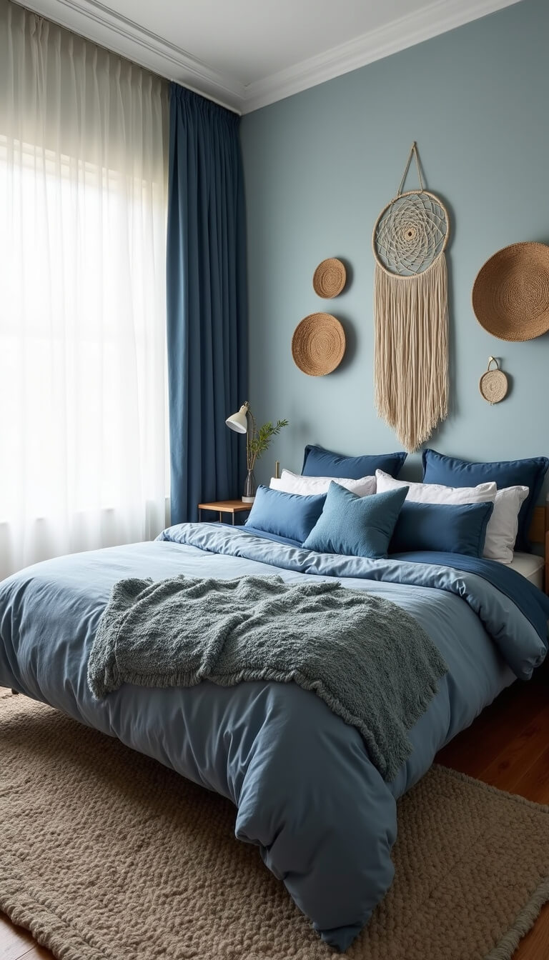 Wide-angle view of a cozy bedroom with layered blue bedding, oversized dream catcher above the headboard, woven wall baskets, and natural light filtering through sheer curtains.