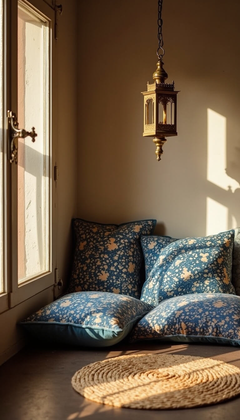 Cozy meditation corner with blue patterned floor cushions, brass lantern casting shadows, circular jute rug, and warm late afternoon light.