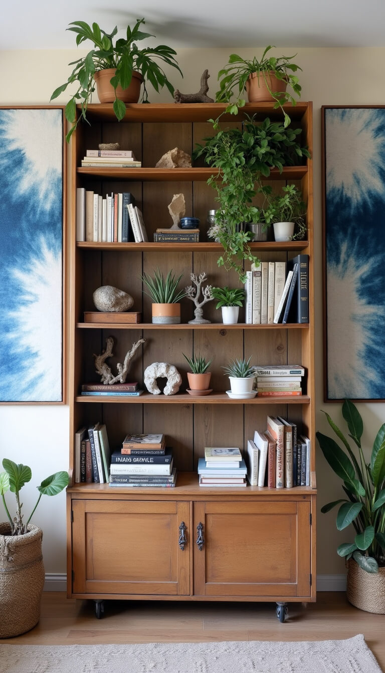 Symmetrical storage wall with vintage bookcase, books, plants, crystals, and driftwood; indigo fabric panels on sides in soft morning light.