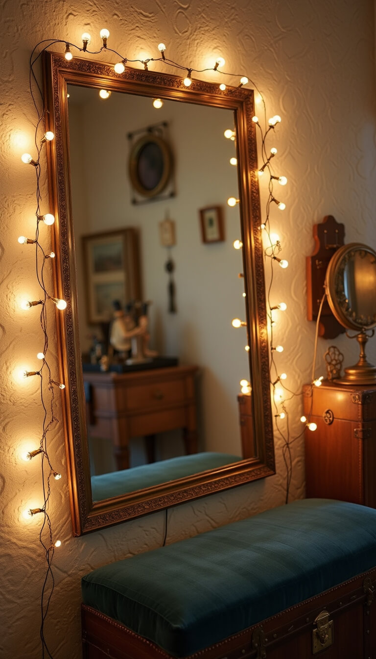 Dressing area with antique mirror adorned with string lights, vintage trunk seat with blue velvet cushion, and warm evening lighting reflecting off brass accents against ivory textured wallpaper.