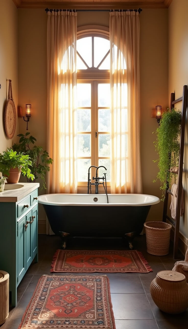 Boho-style sunlit bathroom with black clawfoot tub, teal vanity with brass hardware, arched window, macrame curtains, Moroccan rugs, hanging plants, and natural textures like rattan, clay, and wood.