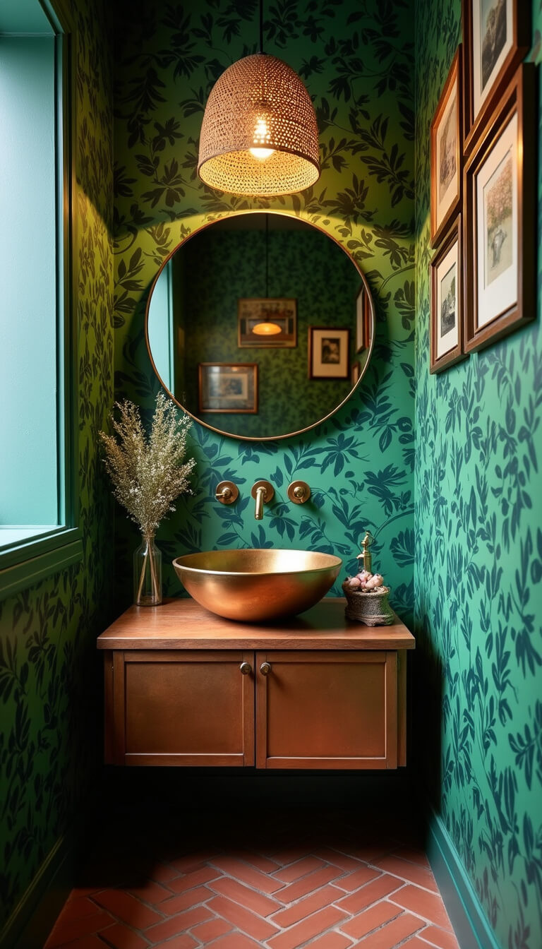 Bohemian-style compact powder room with emerald botanical wallpaper, floating wood vanity, copper vessel sink, brass mirror, woven pendant light, terracotta herringbone floor, and vintage artwork.