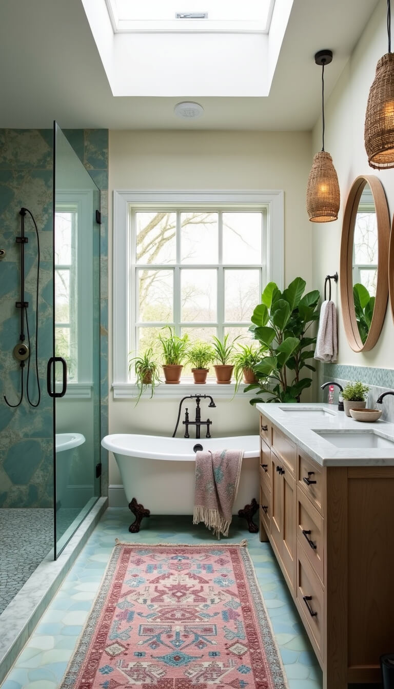Boho-style master bathroom with skylight, sea glass zellige tile walk-in shower, double weathered oak vanity with marble top, circular mirrors, wall-mounted plants, vintage Turkish rug, woven pendant lights, and freestanding tub under window with macrame plant hangers.