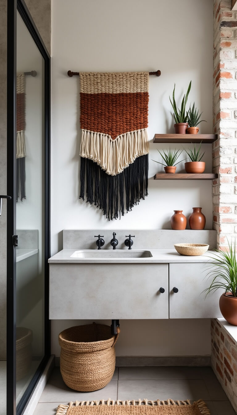 Modern boho bathroom with white-painted exposed brick wall, black steel-framed shower, concrete floating vanity with matte black fixtures, handwoven wall hanging in rust, cream, and black, ceramic planters with snake and air plants, and reclaimed wood shelves with clay vessels.
