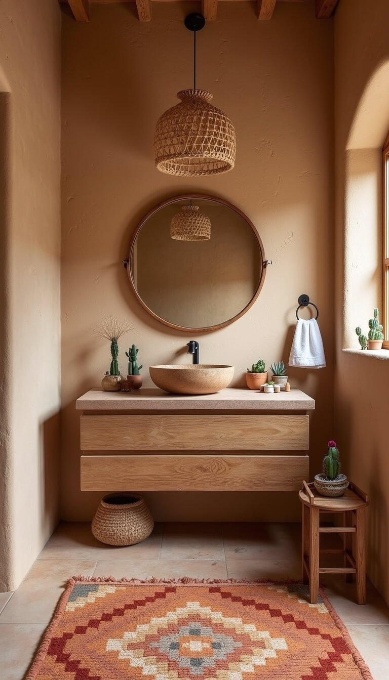 Boho desert-style bathroom with textured sand-toned plaster walls, reclaimed mesquite floating vanity, round rattan mirror, sunset-hued wool rug, potted cacti on tiered stand, and woven geometric pendant lighting.