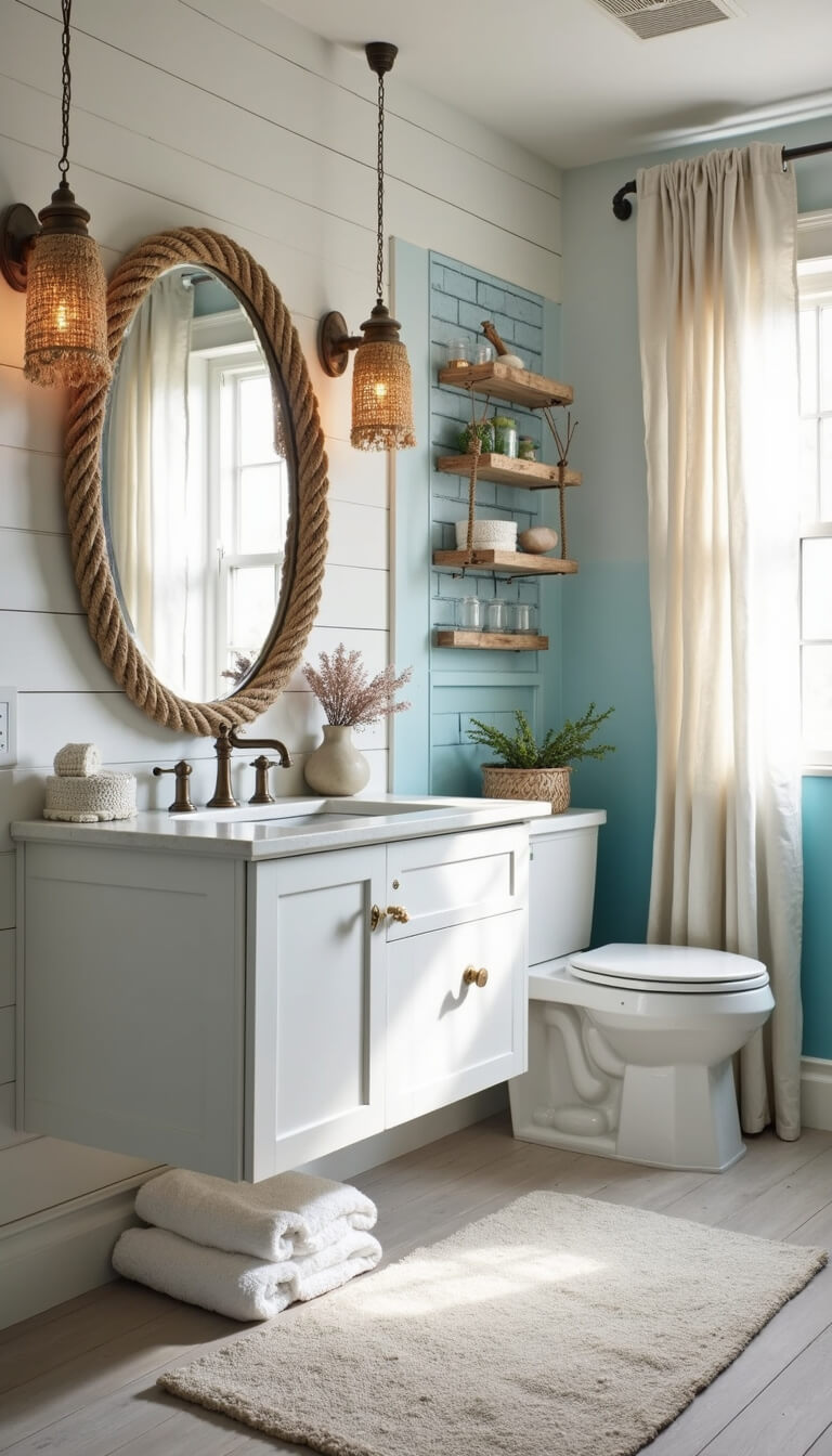 Boho coastal bathroom with shiplap walls, floating vanity under natural fiber pendant lights, rope mirror with shells, blue ombre shower tile, driftwood and sea glass decor, and linen curtains filtering side light.