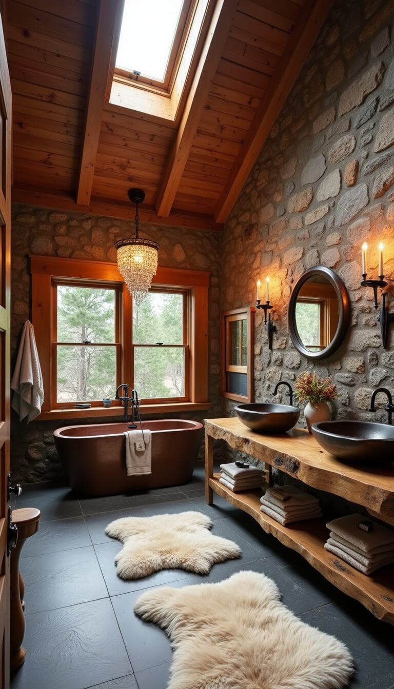 Boho mountain lodge bathroom with vaulted ceiling, exposed beams, copper soaking tub, stone accent wall, live-edge vanity, slate floors, sheepskin rugs, and iron-crystal chandelier lit by skylight and warm LEDs.