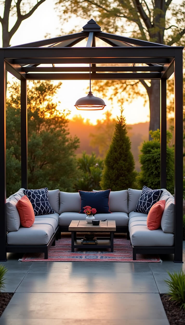 Modern glass-and-steel gazebo at golden hour with minimalist interior and landscaped garden backdrop.