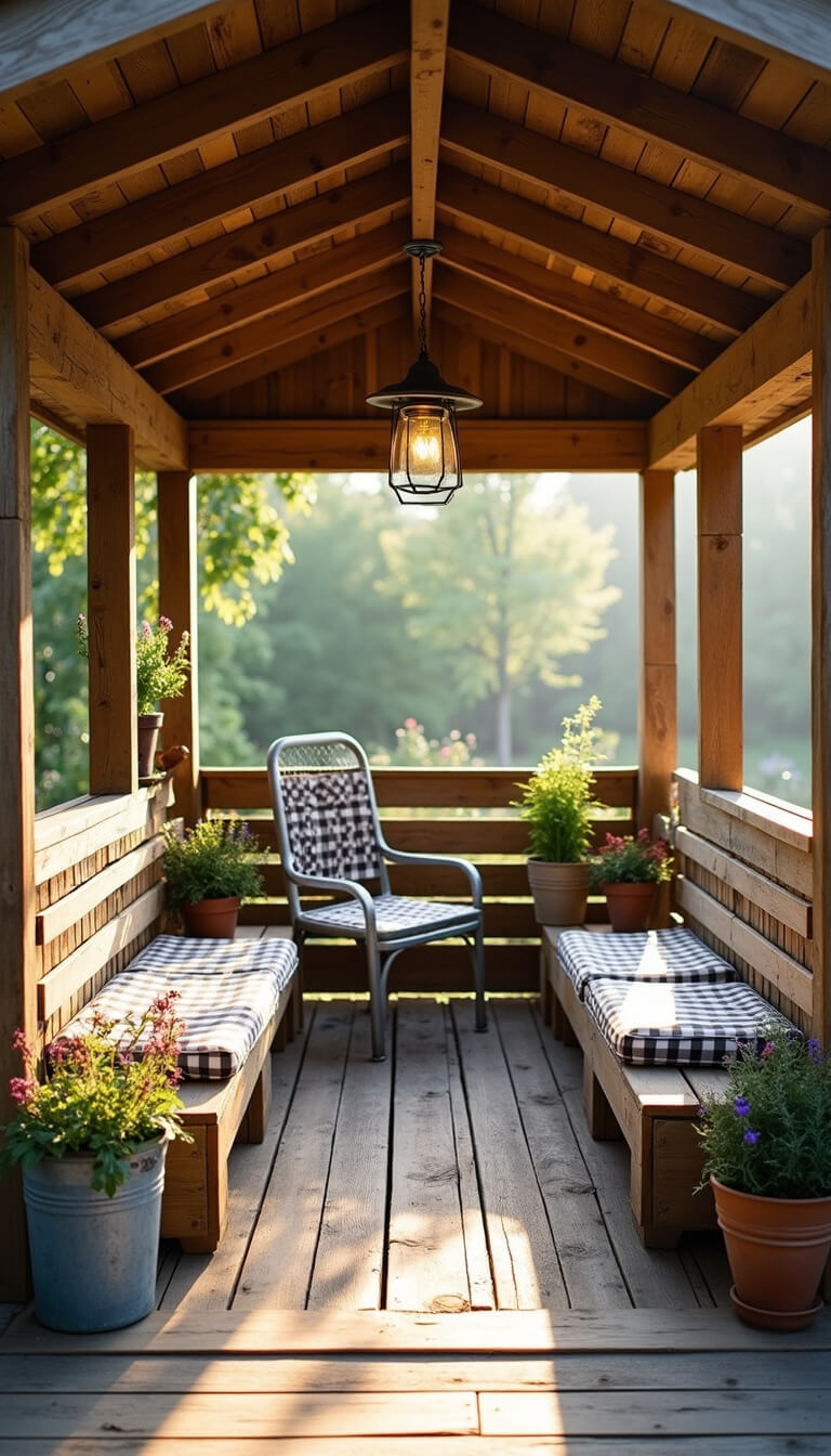 Rustic 10x12ft pallet gazebo in morning light with vintage chairs, mason jar chandelier, potted herbs, and reclaimed wood flooring.