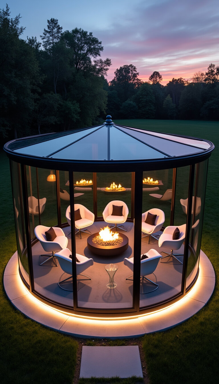 Drone shot of a circular glass gazebo at twilight with LED perimeter lighting, white Barcelona chairs, chrome tables, modern fire pit, and heated concrete floors.