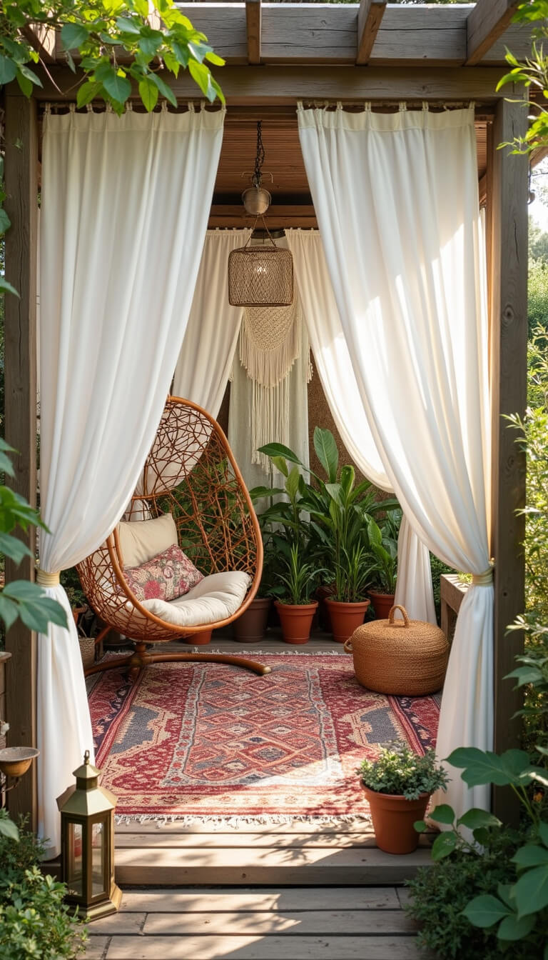 Bohemian garden gazebo with sheer white curtains, rattan hanging chair, vintage rugs, patterned cushions, macramé decor, potted plants, and brass lanterns in soft natural light.