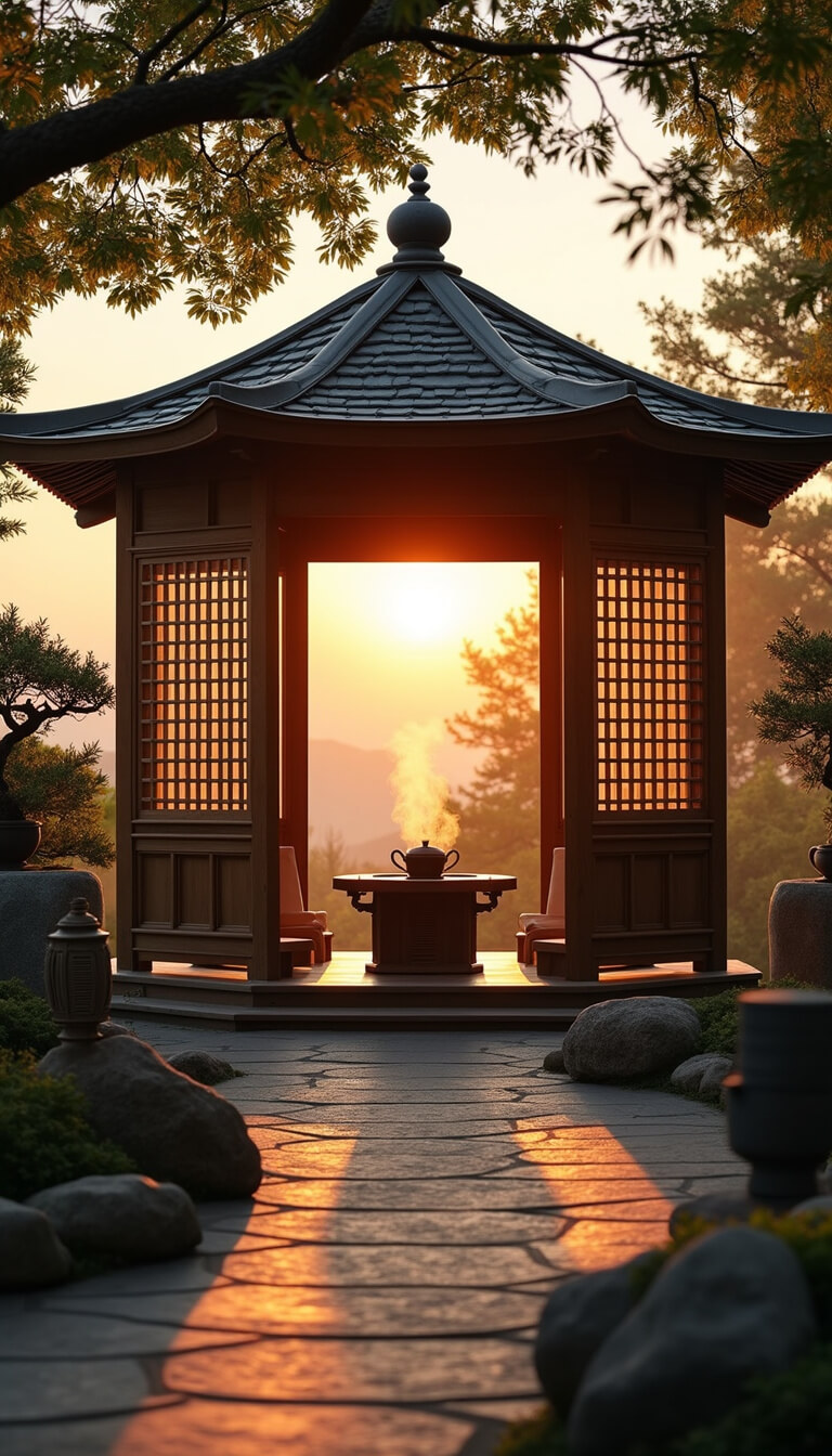 Asian-inspired hexagonal tea house gazebo with pagoda roof, tatami flooring, low table, silk cushions, bamboo screens, stone lanterns, and bonsai, steam rising from tea in soft sunrise light.