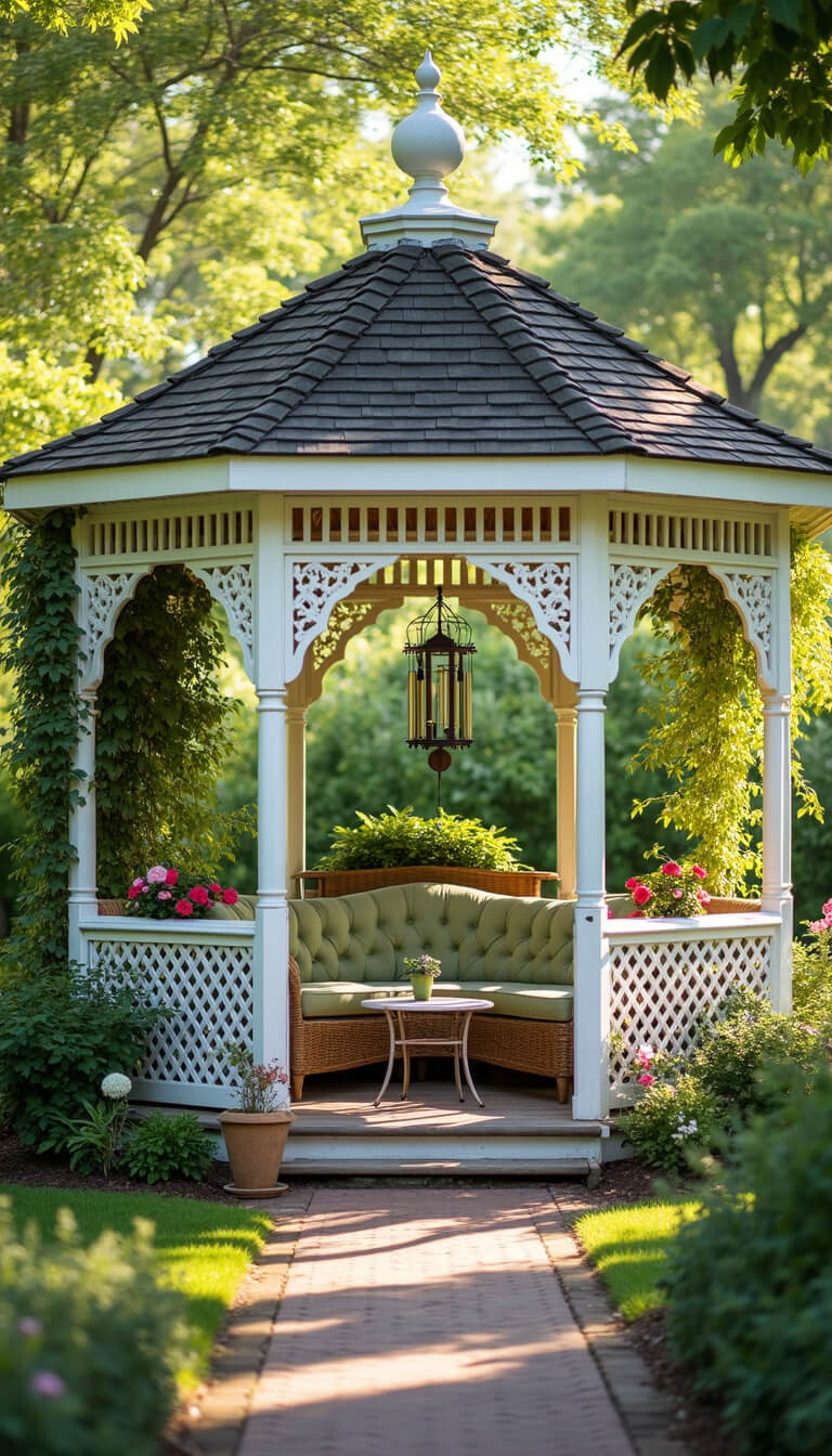 Victorian-style white octagonal gazebo with sage green wicker furniture, surrounded by climbing roses and antique decor, seen from garden path in dappled afternoon light.