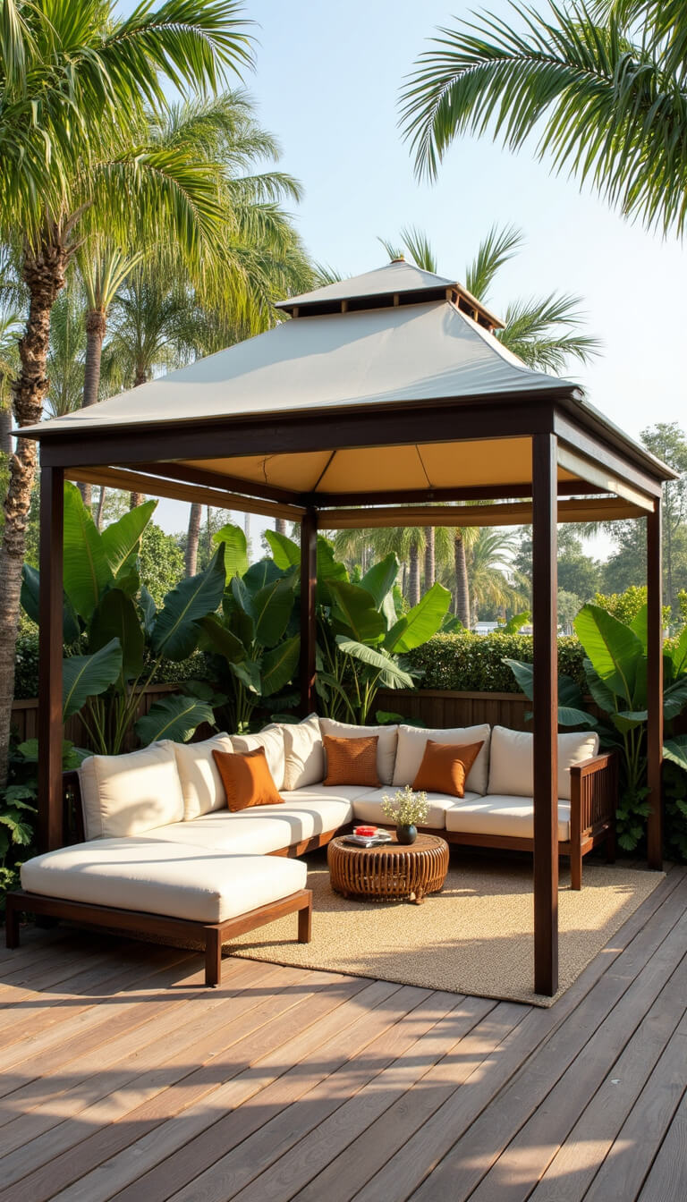 Modern tropical gazebo with retractable canvas roof, teak seating with cream cushions, surrounded by palm and monstera plants, natural fiber rug, outdoor kitchen, and built-in fans, viewed from above in bright midday light.