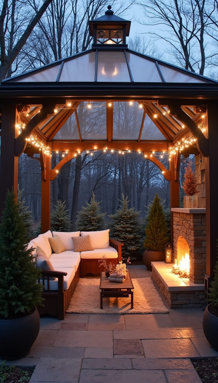 Cozy winter garden gazebo at dusk with clear roof, heated sectional, fireplace, lanterns, and frosted branches in foreground.