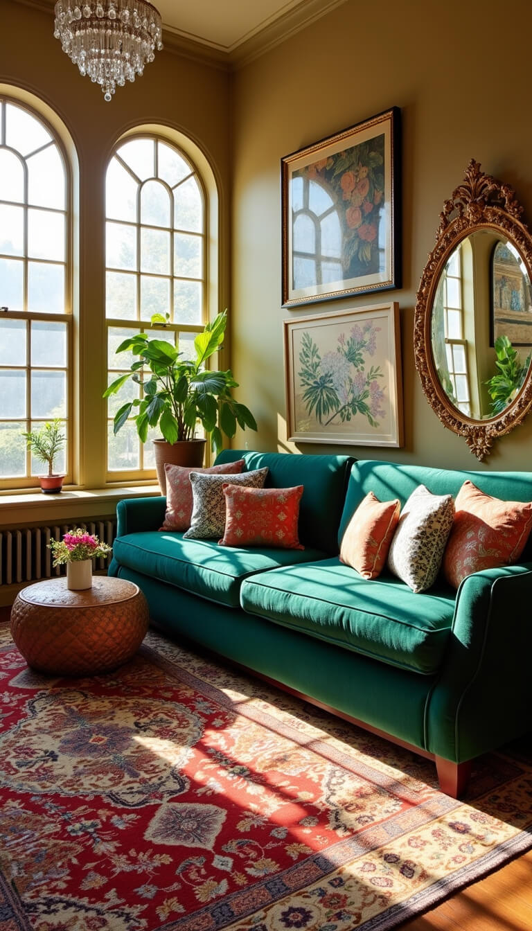 Sunlit living room with emerald velvet sofa, jewel-toned Persian rug, arched windows, crystal chandelier, and eclectic gallery walls.