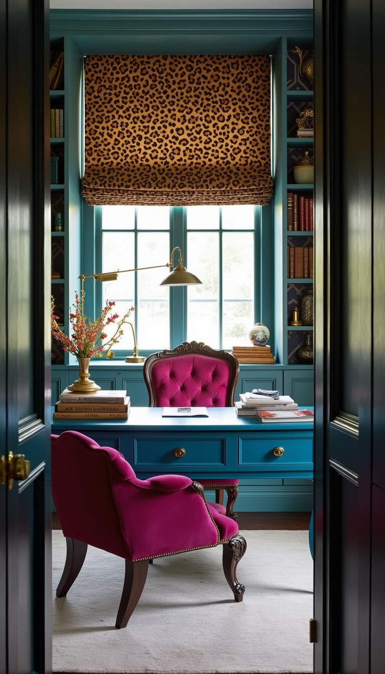 Modern maximalist home office with floor-to-ceiling bookshelves, peacock blue lacquered desk, hot pink velvet Baroque chair, navy and gold geometric wallpaper, and leopard print Roman shades filtering mid-morning light.