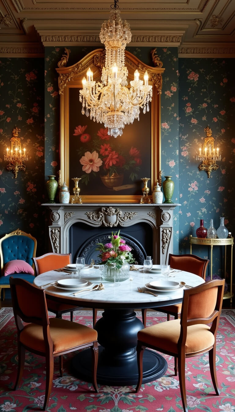 Victorian-style dining room with marble table, mismatched velvet chairs, crystal chandelier, dark floral wallpaper, salon-style art, brass bar cart, ginger jars by fireplace, and moody evening lighting.