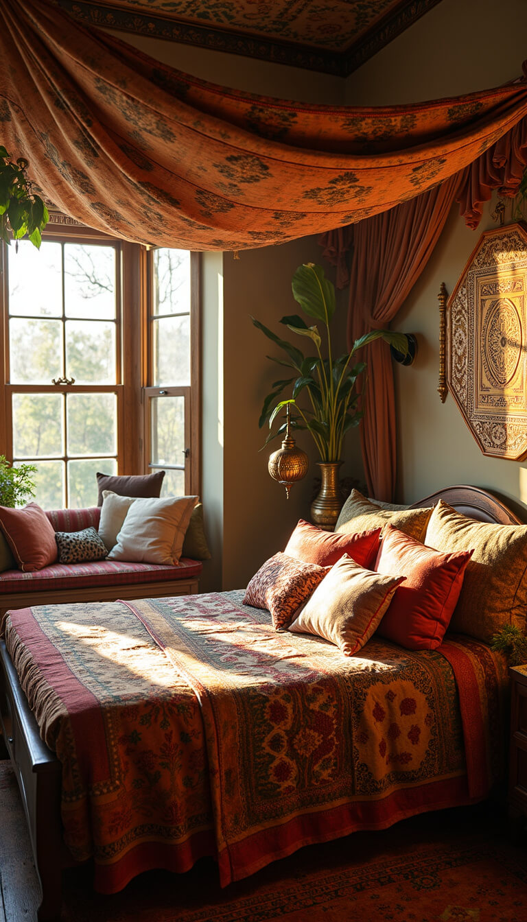 Bohemian bedroom with canopy bed draped in vintage saris, layered global textiles, and golden hour light filtering through carved wooden screens.