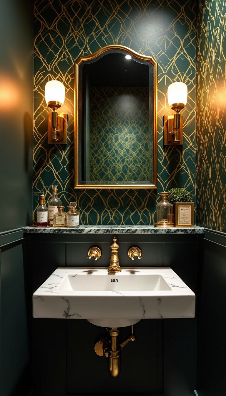 Art Deco powder room with emerald, gold, and black geometric wallpaper, backlit vintage mirror, brass fixtures, antique perfume bottles on marble shelf, and dramatic lighting highlighting metallic accents.