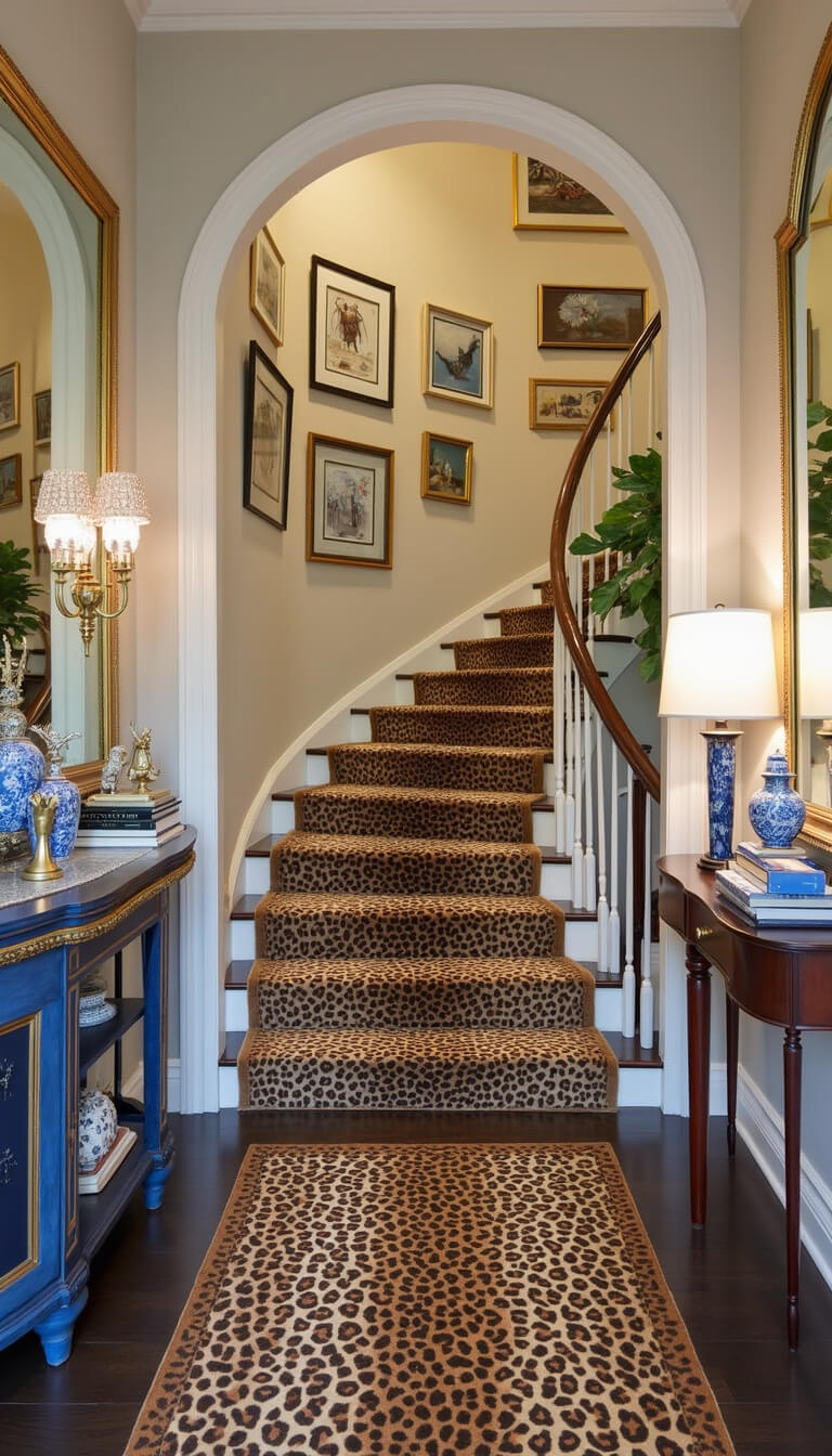 Maximalist entryway with curved staircase, leopard print runner, crystal sconces, and styled console table; gallery wall and oversized vintage mirror add depth; shot from bottom of stairs with dramatic uplighting.