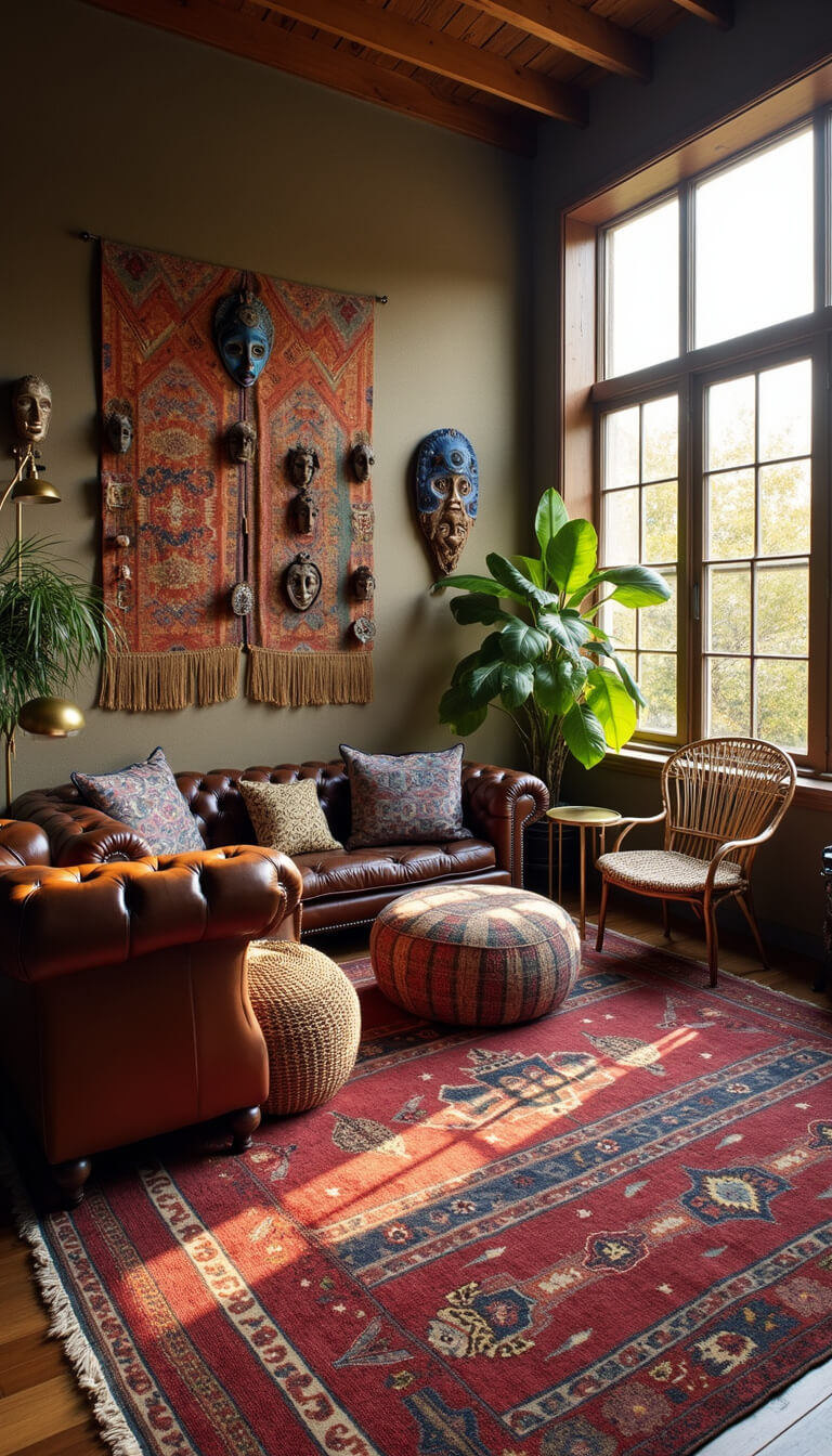 Eclectic global-inspired living room with vintage rugs, mixed seating, cultural decor, and sunset light through floor-to-ceiling windows.